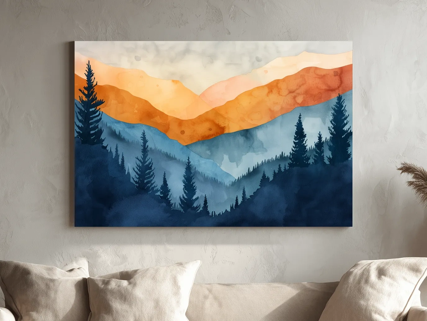 Moody Watercolor Mountain Range Silhouette - Pine Forest Painting Wall Art