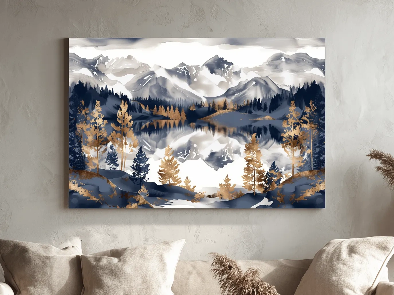 Gold Leaf Style Watercolor Alpine Lake Reflection - Mountain Landscape Artwork