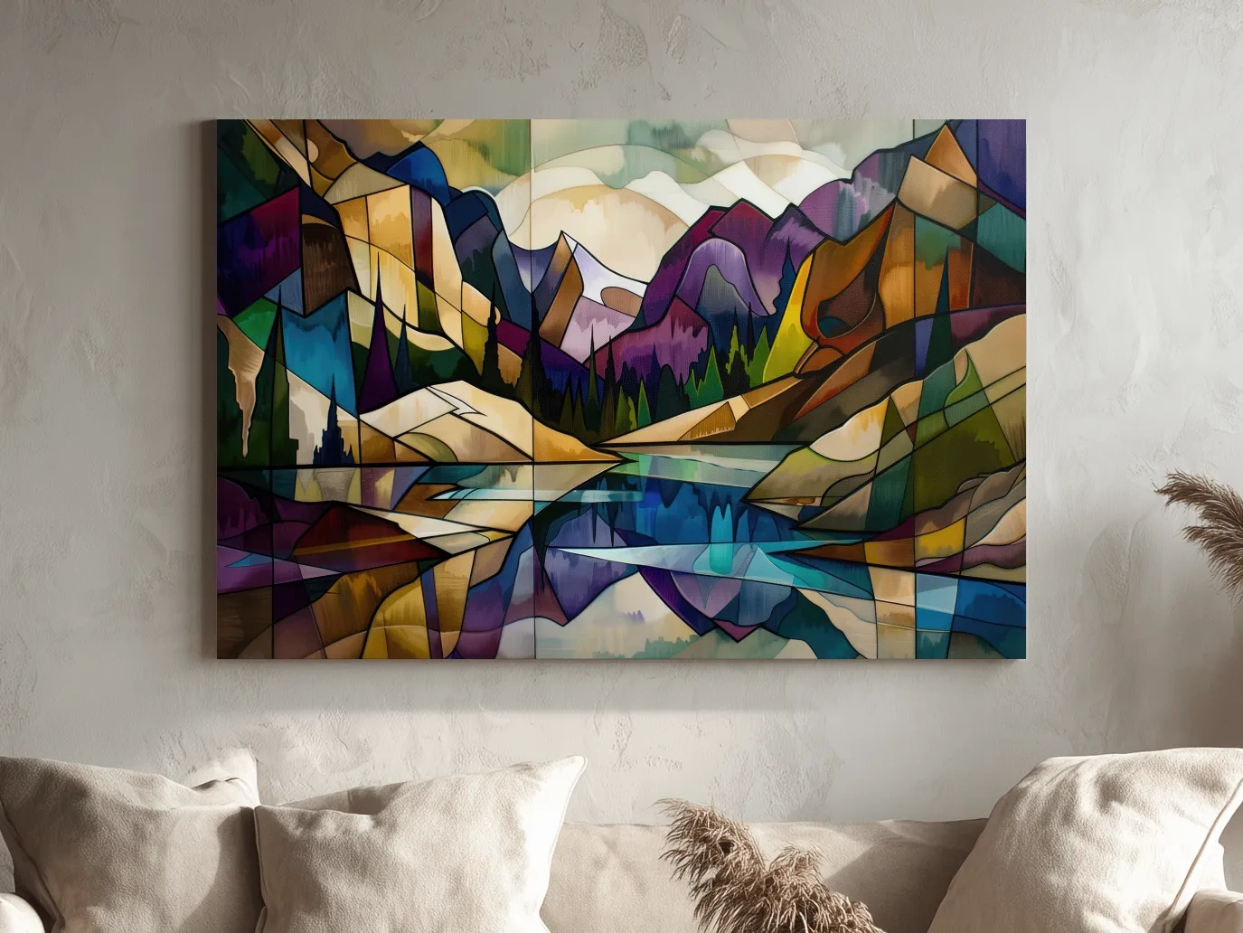 Abstract Stained Glass Mountain Lake Landscape - Colorful Geometric Alpine Wall Art