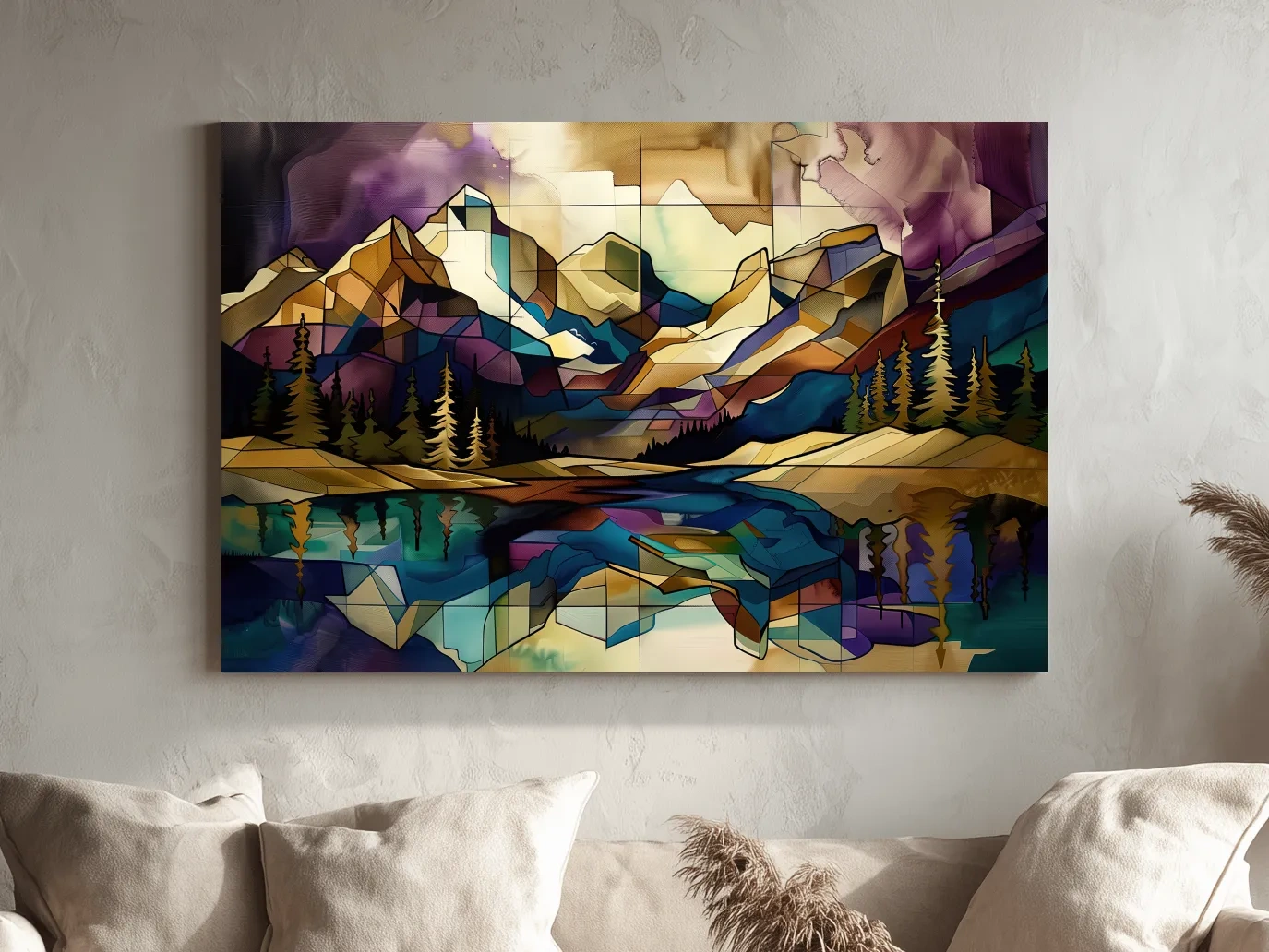 Geometric Stained Glass Mountain Lake Reflection - Colorful Abstract Landscape Artwork