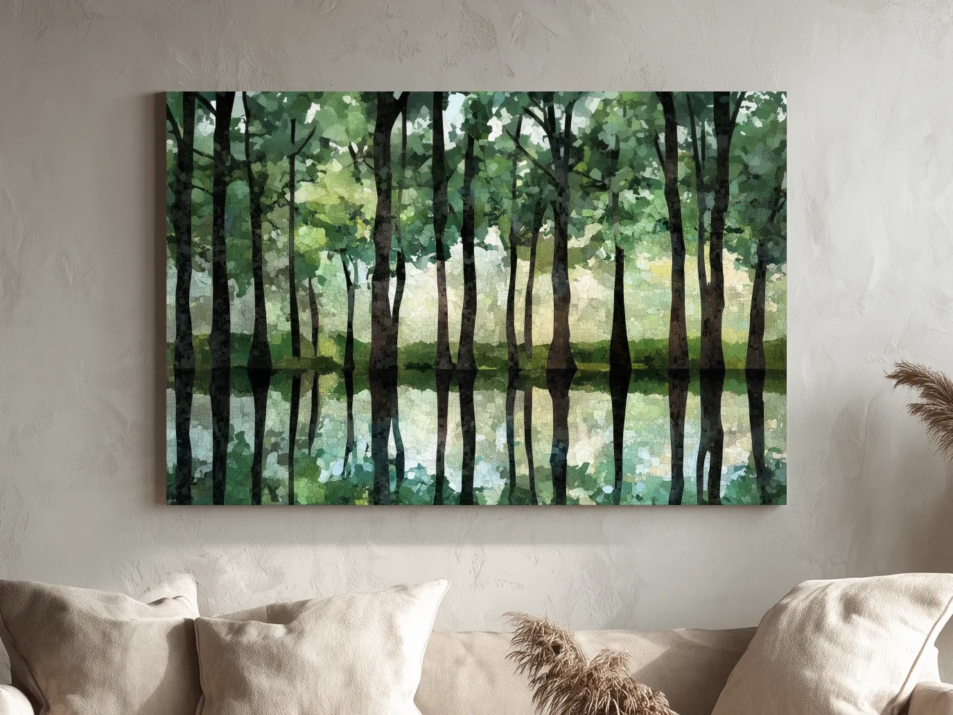 Mosaic Watercolor Forest Lake Reflection - Serene Nature Landscape Wall Art