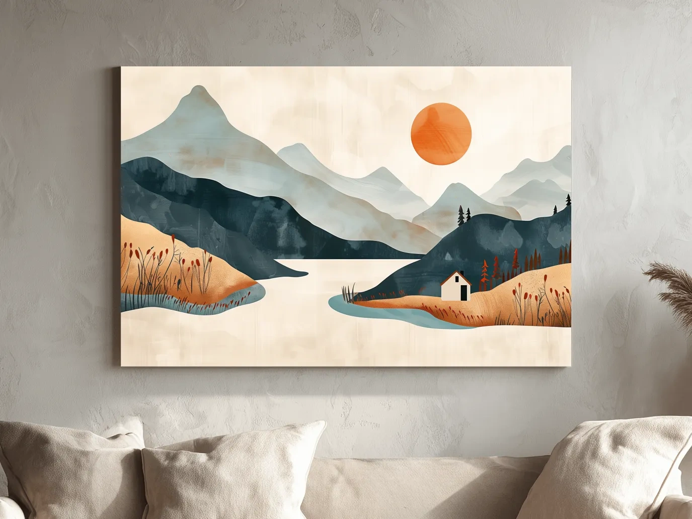 Minimalist Mountain Sunset Lake Cabin Illustration - Modern Scandinavian Wall Art