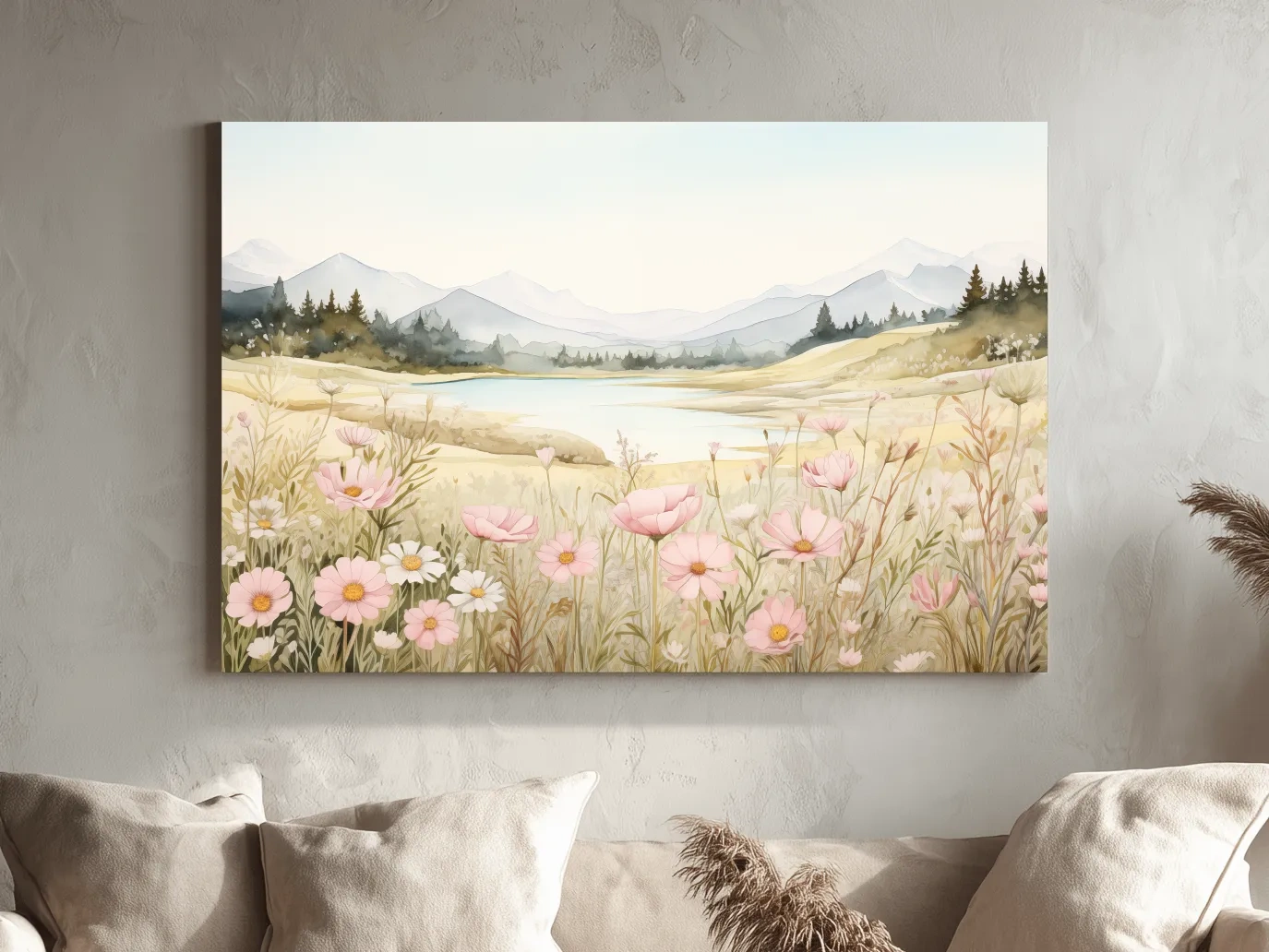 Soft Watercolor Wildflower Meadow Landscape - Serene Pastel Alpine Wall Art