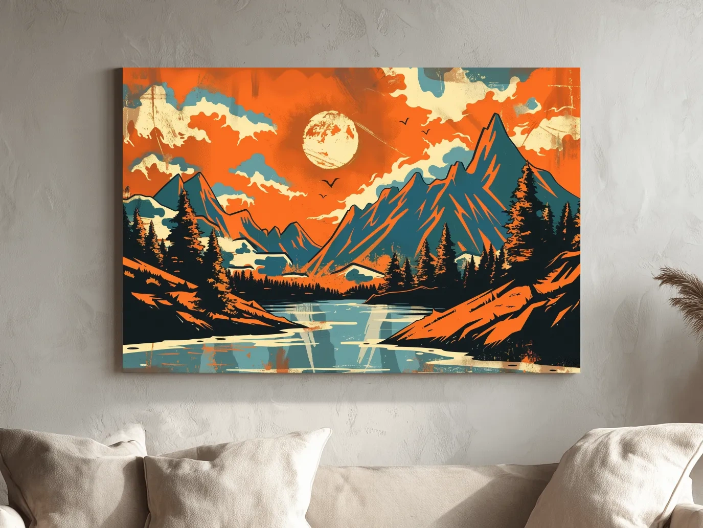Vibrant Retro Mountain Lake Sunset Illustration - Bold Vector Landscape Wall Art