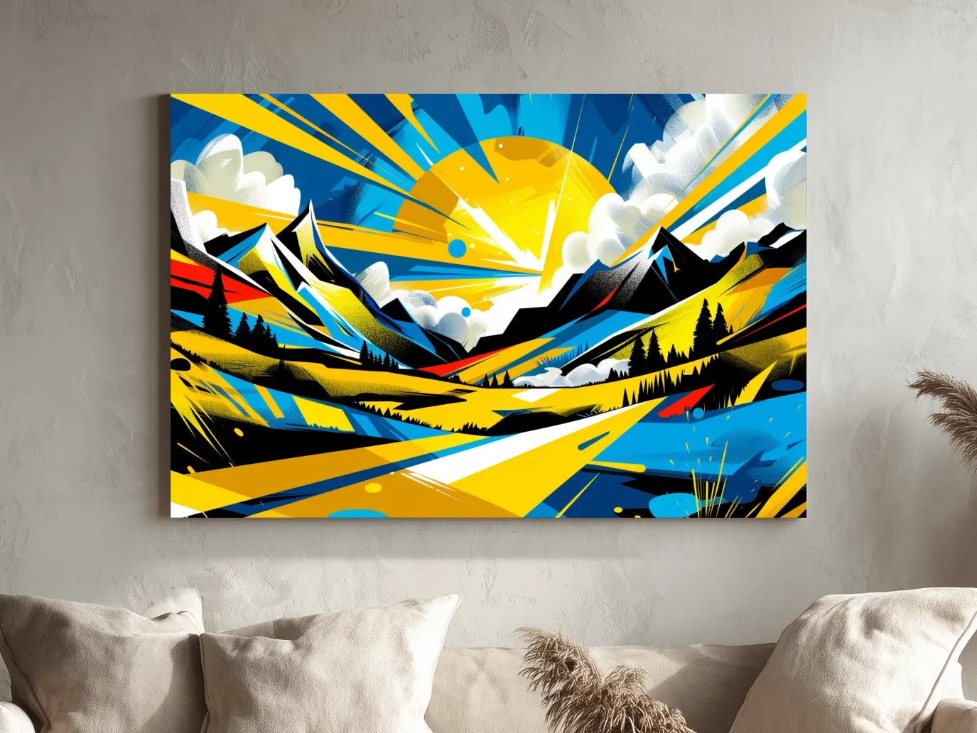 Vibrant Geometric Graffiti Mountain Sunset Landscape - Bold Pop Art Style Wall Art