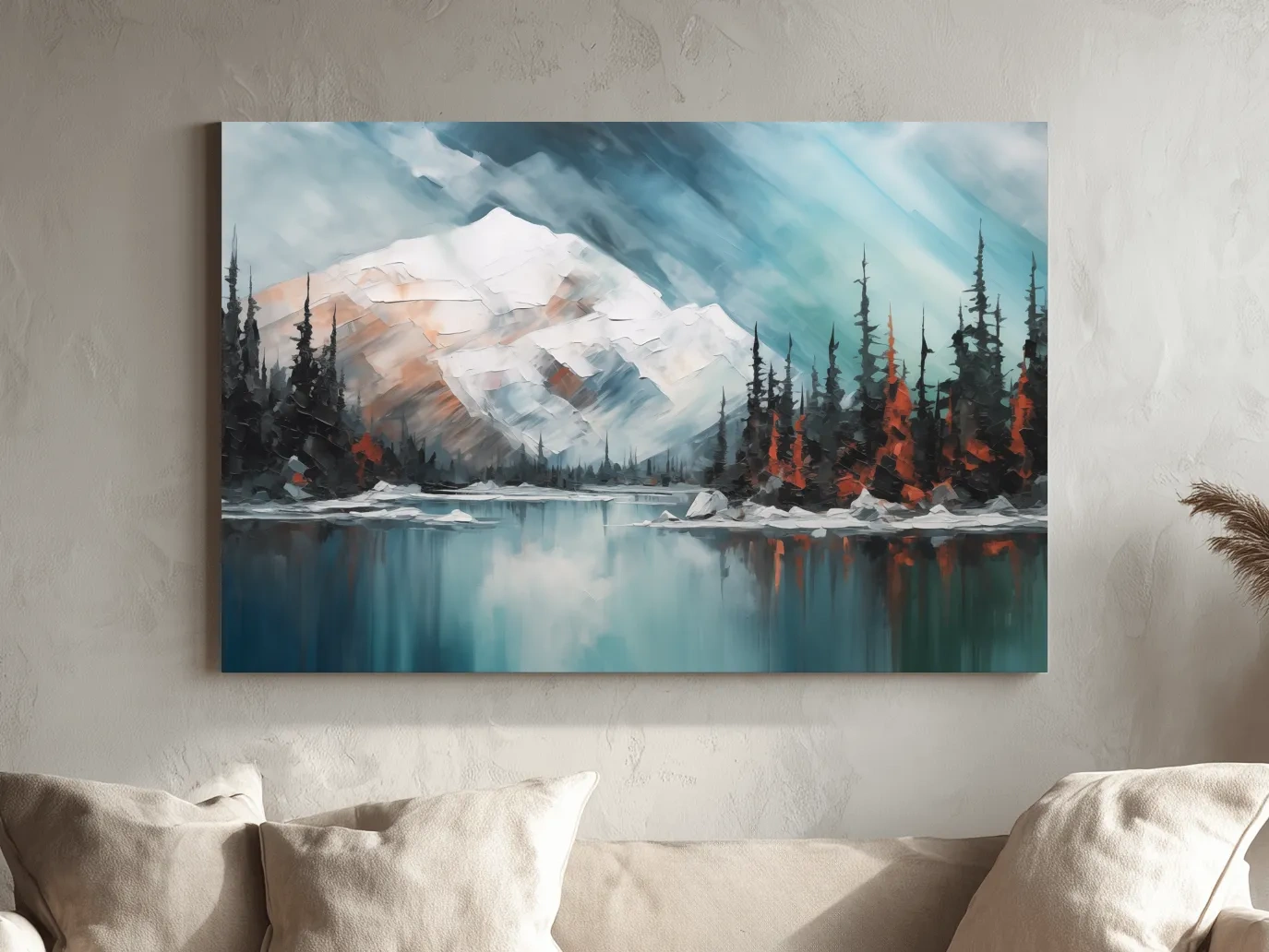 Alpine Glacier Lake Impasto Style Painting - Textured Forest Wall Art