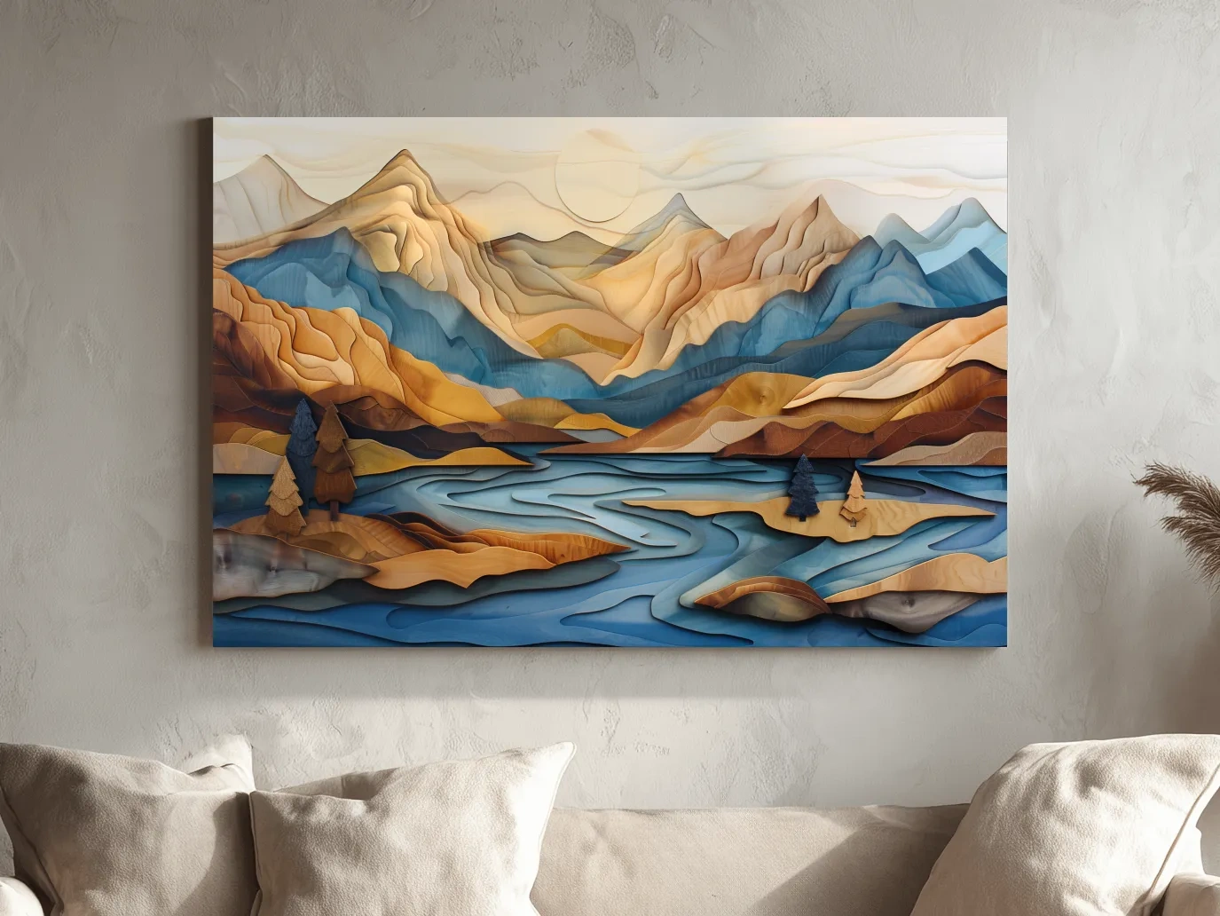 Wood Intarsia Style Alpine Mountain Lake Landscape - Modern Abstract Wall Art