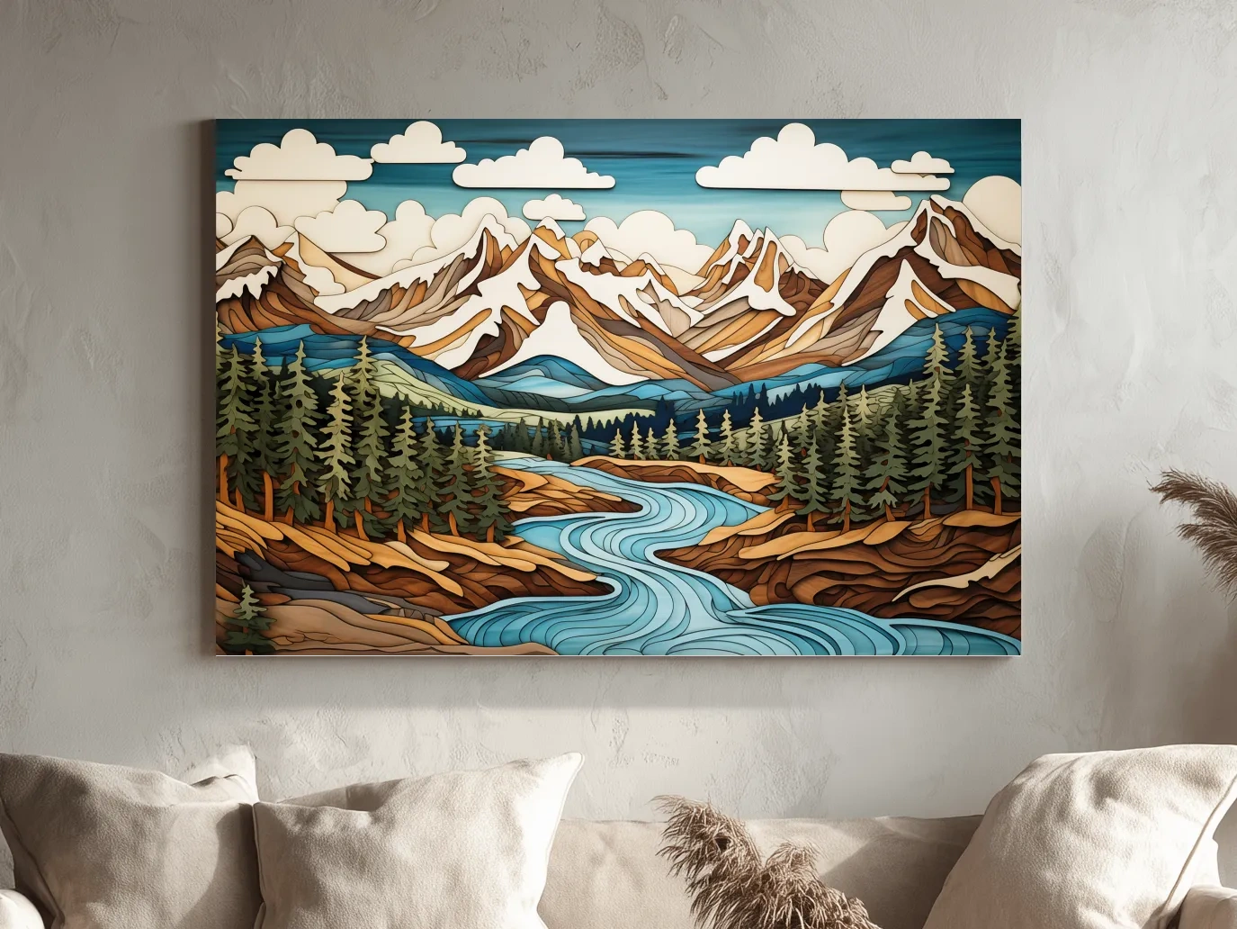 Intarsia Style Mountain River Landscape - Rustic Alpine Forest Artwork