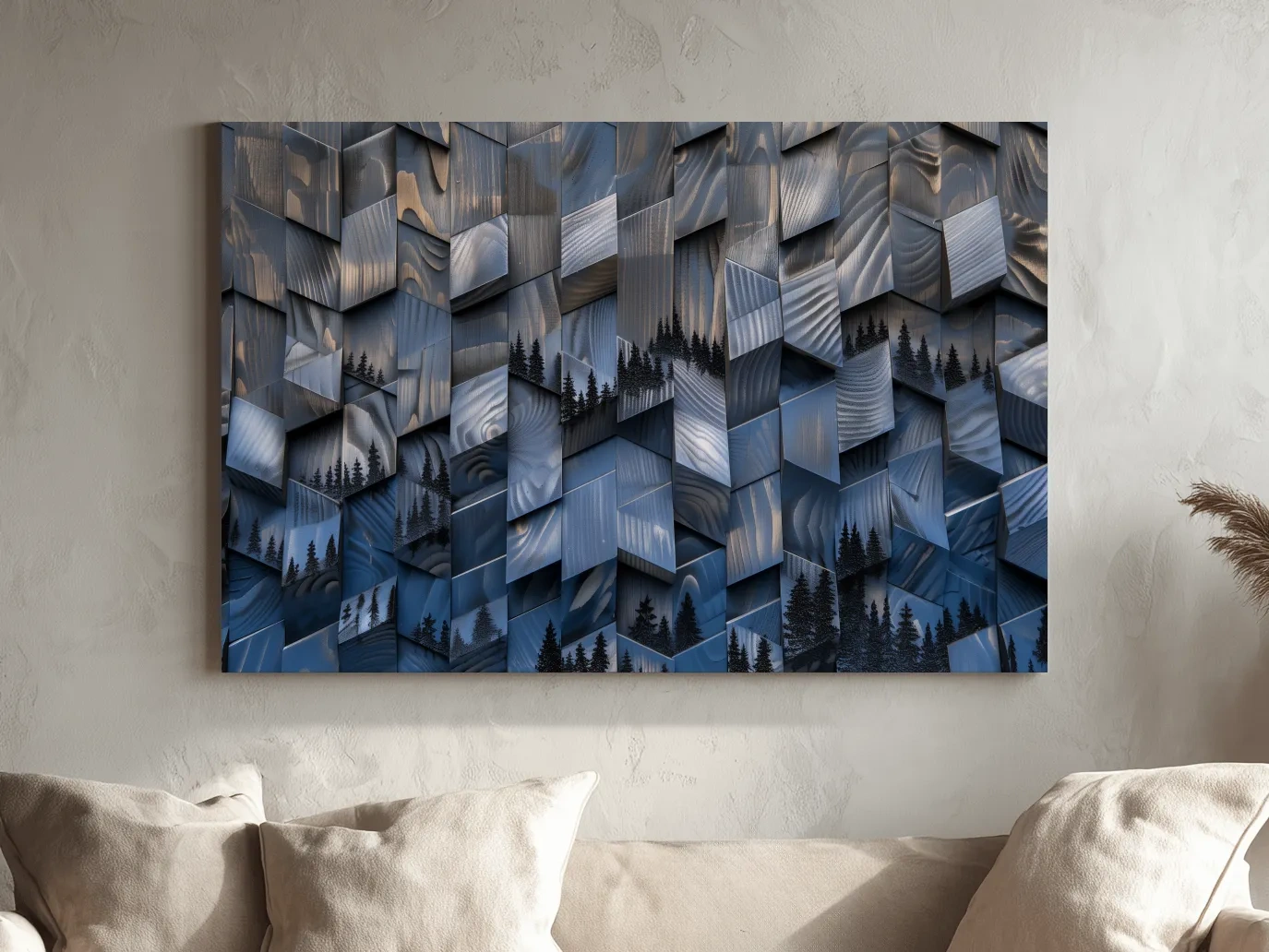 Wood Block Mountain Forest Collage - 3D Effect Abstract Landscape Wall Art