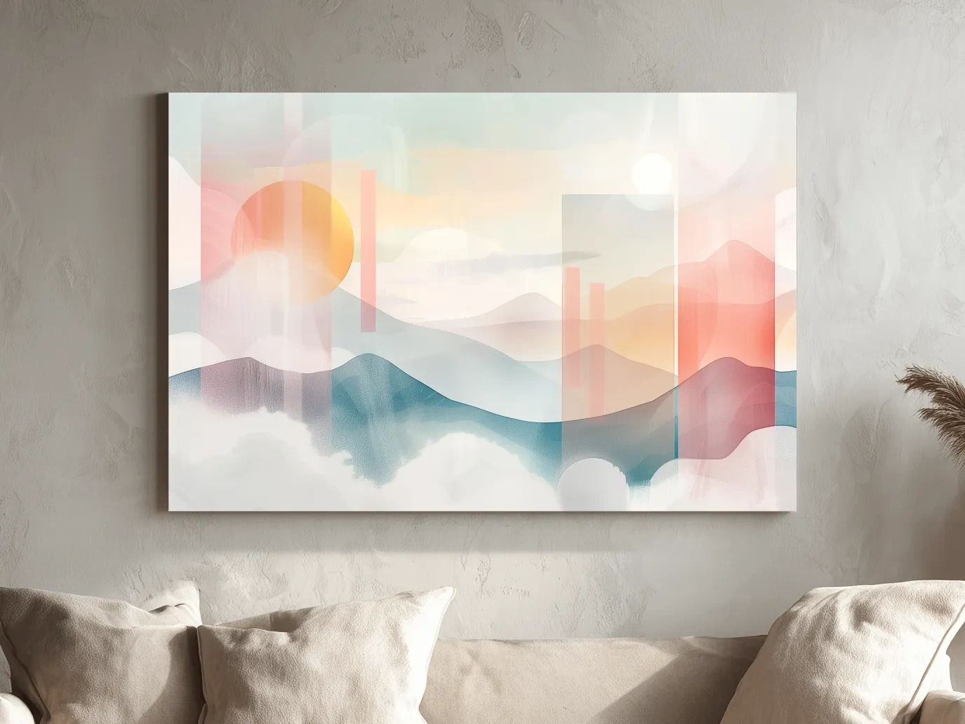 Mountains at sunset, soft pastel watercolor painting wall art