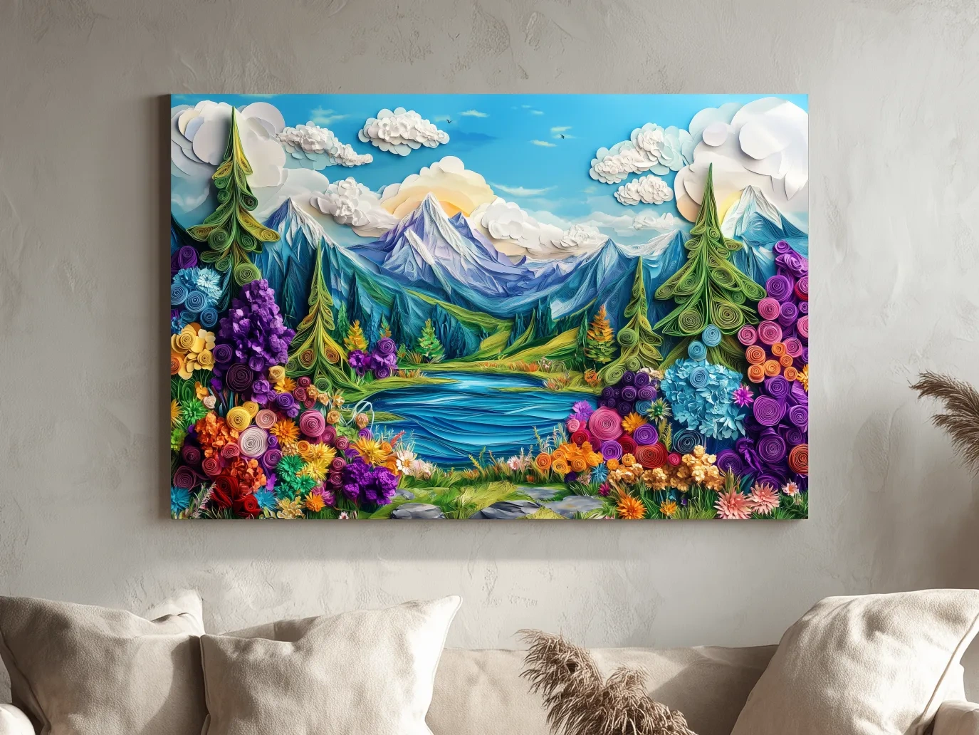 Colorful Paper Quilling Alpine Meadows Landscape - 3D Effect Nature Wall Art