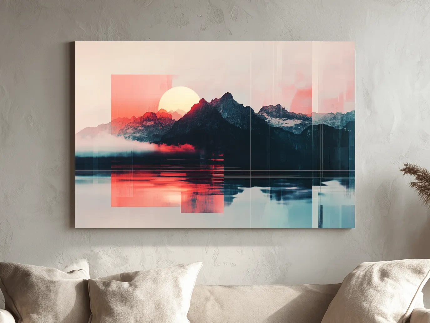 Abstract Alpine Mountain Sunset Reflection - Modern Geometric Glitch Wall Art