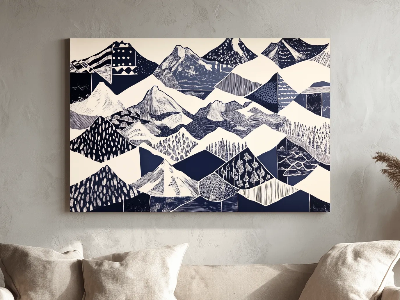 Linocut Patchwork Mountain Range Illustration - Modern Landscape Artwork