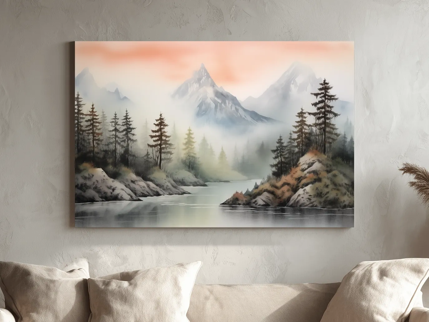 Misty Watercolor Mountain Lake Landscape - Serene Pine Forest Wall Art