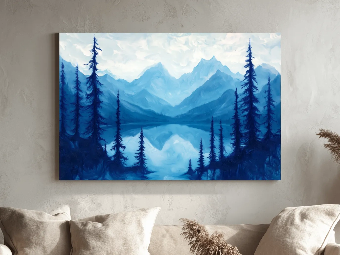 Serene Blue Mountain Lake Oil Painting - Alpine Forest Landscape Artwork
