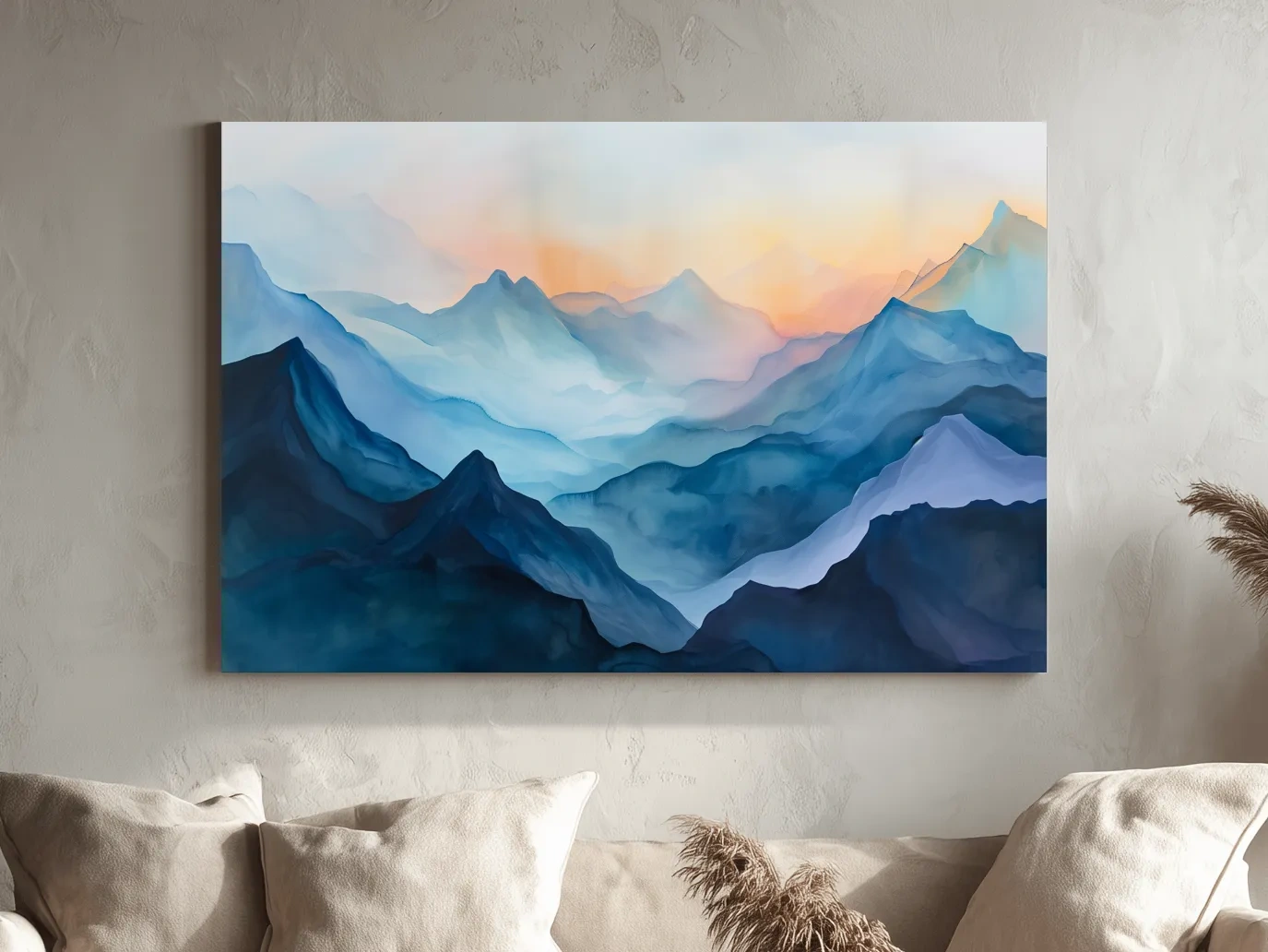 Misty Sunrise Watercolor Mountain Range - Serene Abstract Landscape Wall Art