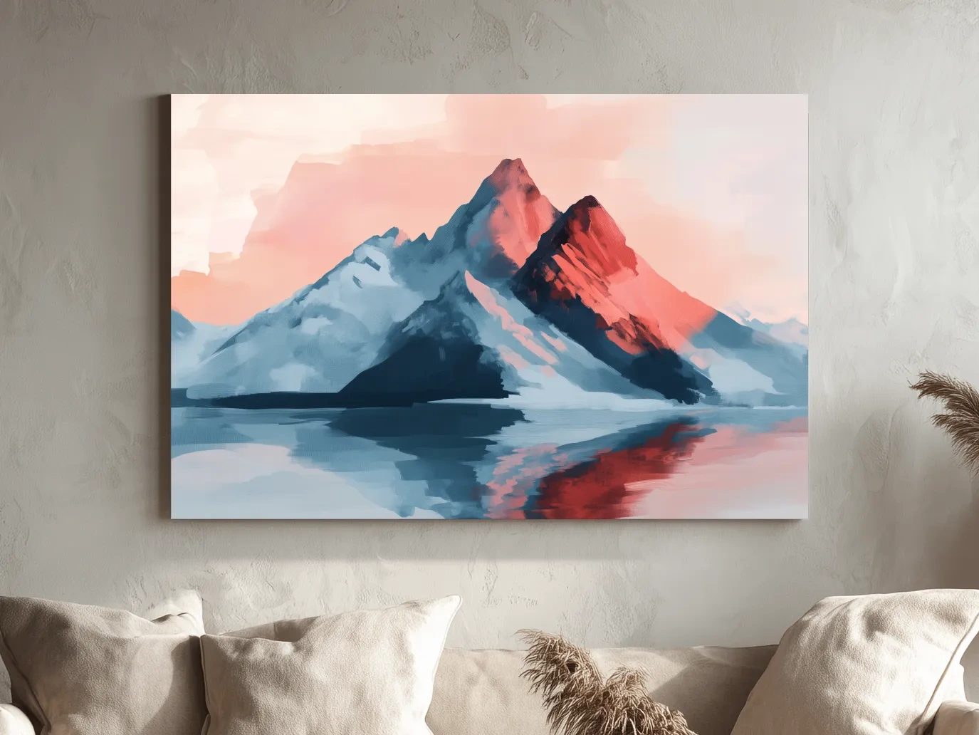 Pastel mountain painting at sunset, glacier reflecting on a lake