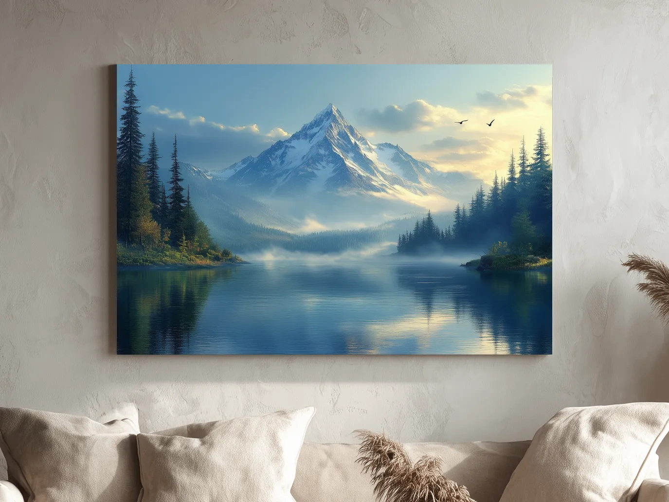 Misty Alpine Mountain Lake Sunset - Pine Forest Artwork