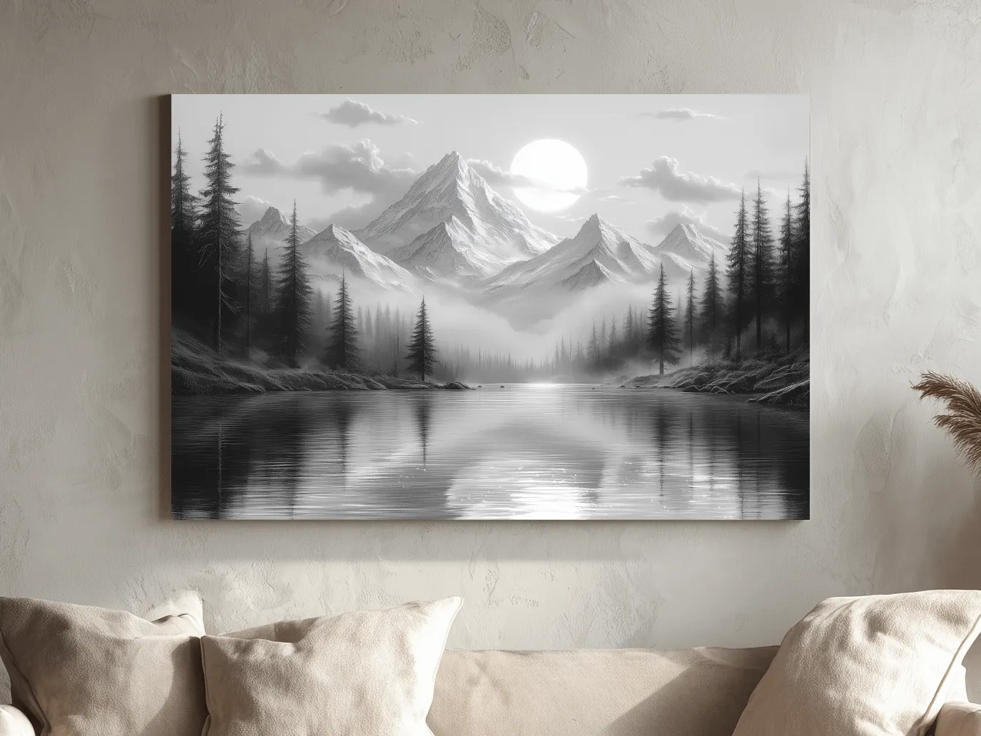 Monochrome Misty Alpine Lake Landscape - Mountain Forest Wall Art