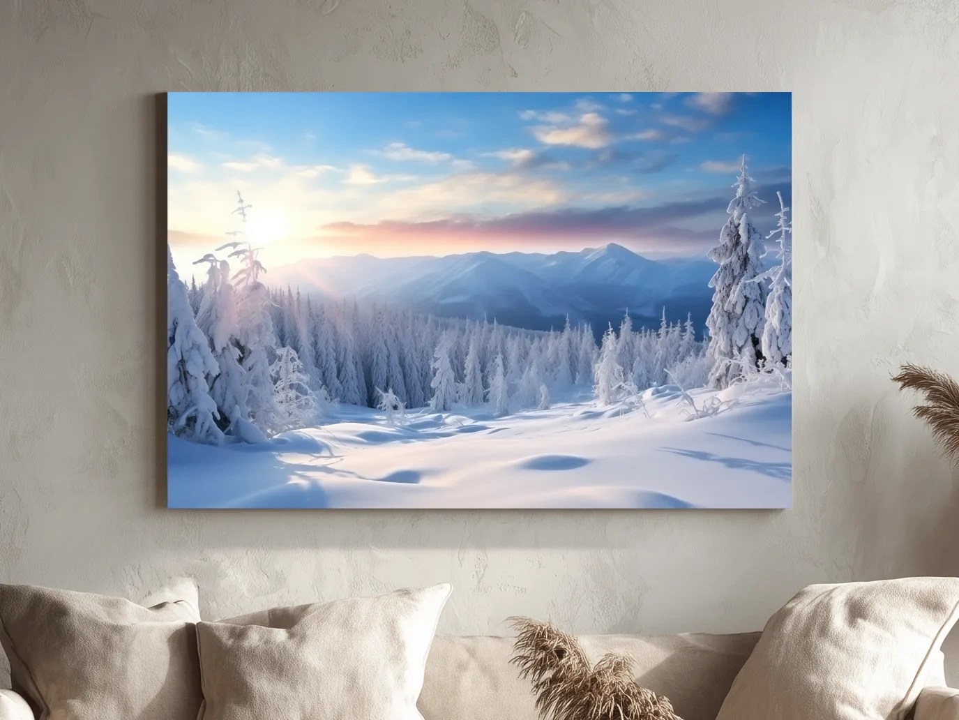 Serene Winter Mountain Sunrise Artwork - Snowy Pine Forest Photographic Wall Art