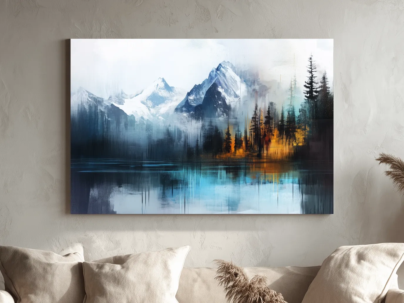 Misty Mountain & Lake Reflection - Abstract Painting Pine Forest Wall Art