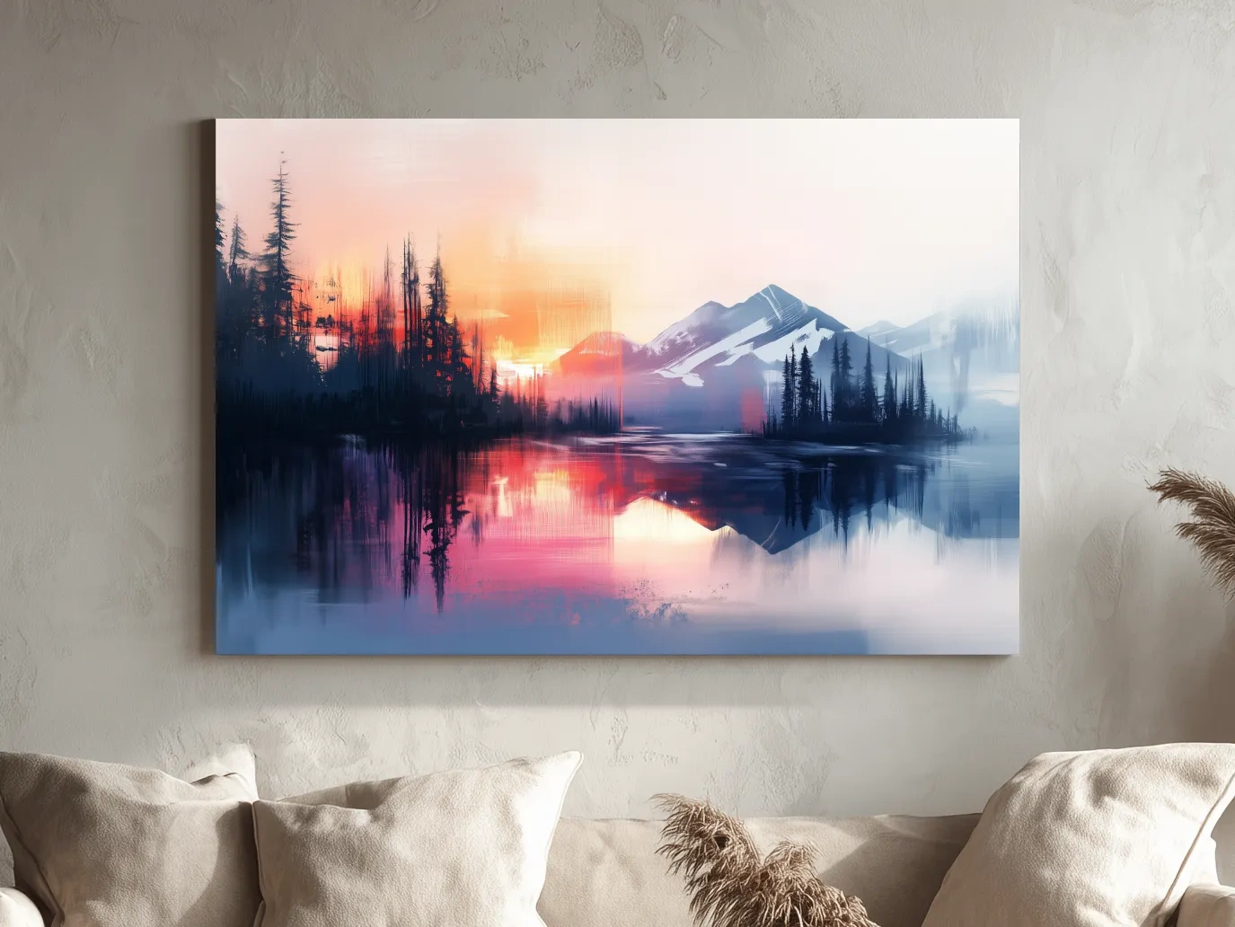 Vibrant Sunset Alpine Mountain Lake Reflection - Abstract Watercolor Forest Wall Art