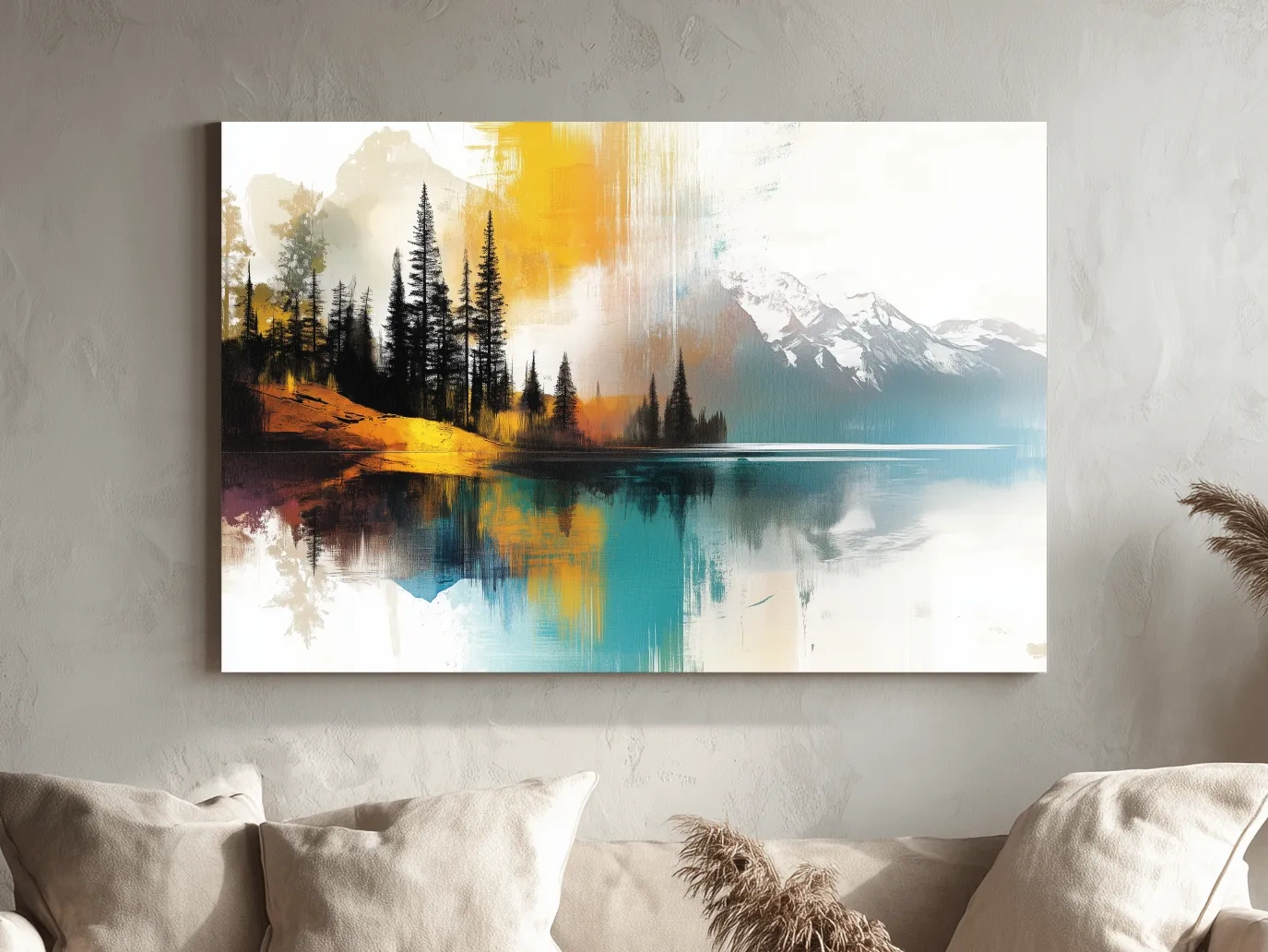 Colorful Abstract Mountain Lake Reflection Painting - Forest Landscape Wall Art