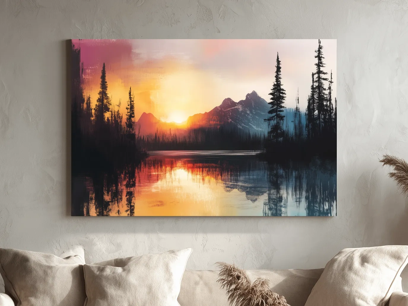 Sunset Mountain Lake Reflection Painting - Dramatic Pine Forest Landscape Wall Art