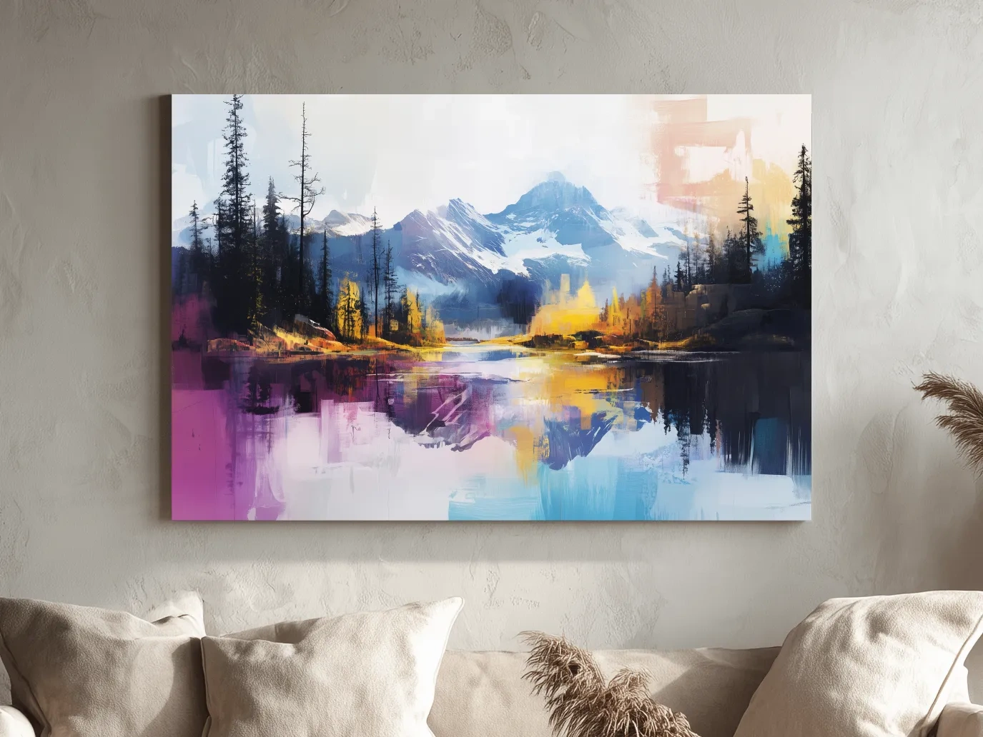 Vibrant Abstract Mountain Lake Reflection Painting - Colorful Modern Landscape Wall Art
