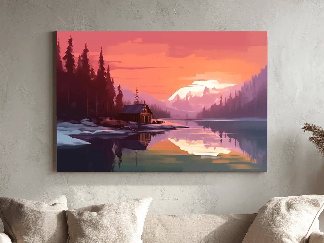 Sunset Mountain Lake Cabin Painting - Serene Alpine Landscape Wall Art