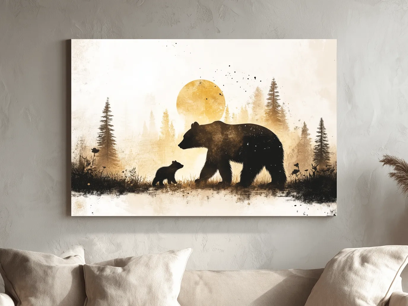 Momma Bear And Cub Watercolor Silhouette - Rustic Forest Wildlife Wall Art