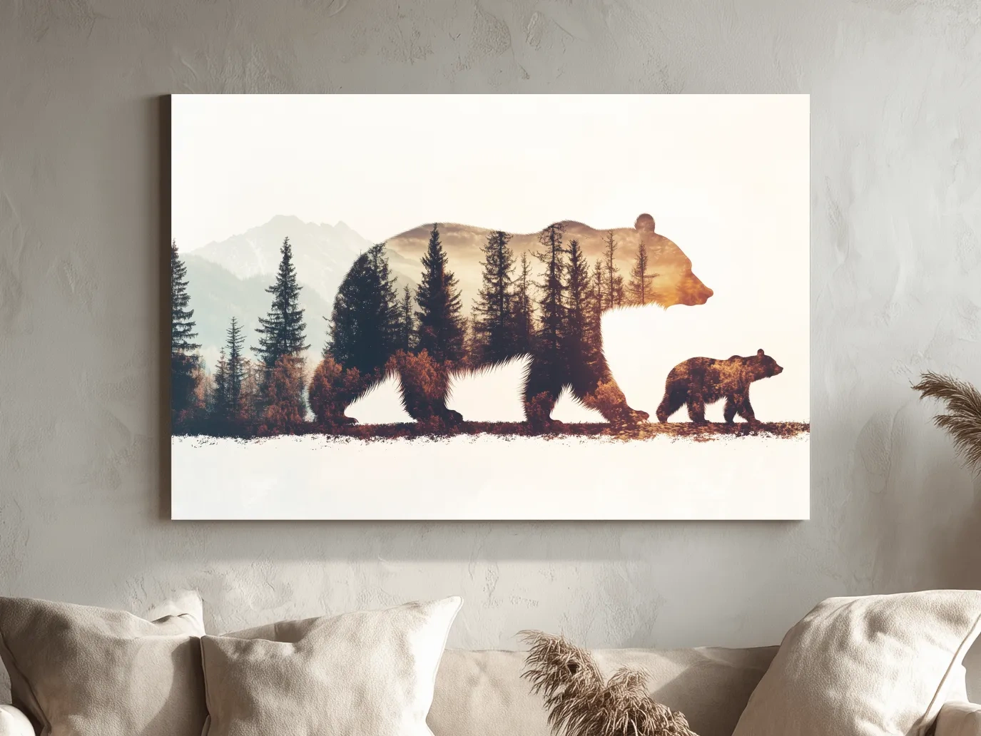 Double exposure forest wall art, momma bear and her cub