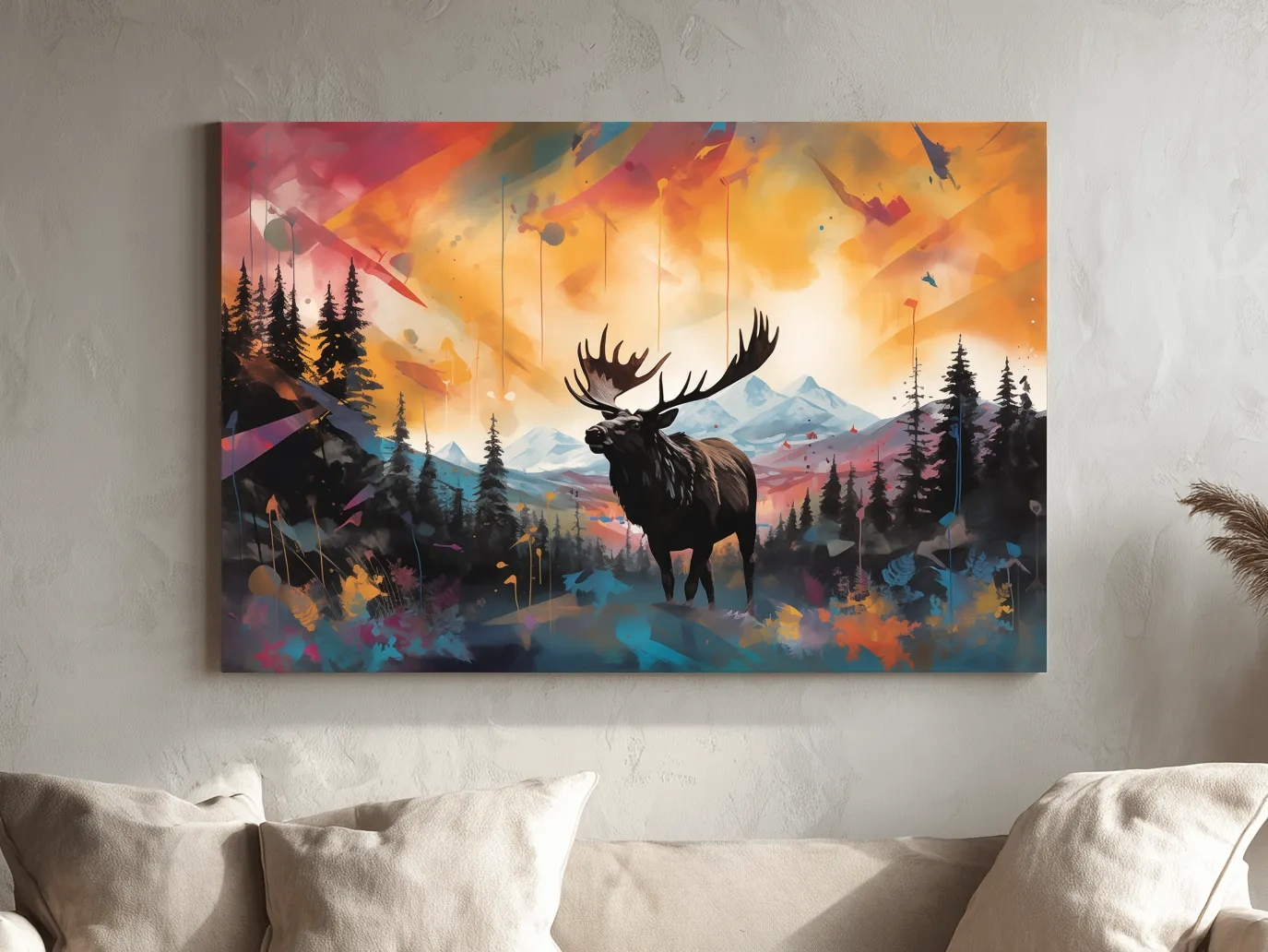 Vibrant Abstract Moose Mountain Painting - Colorful Wildlife Wall Art