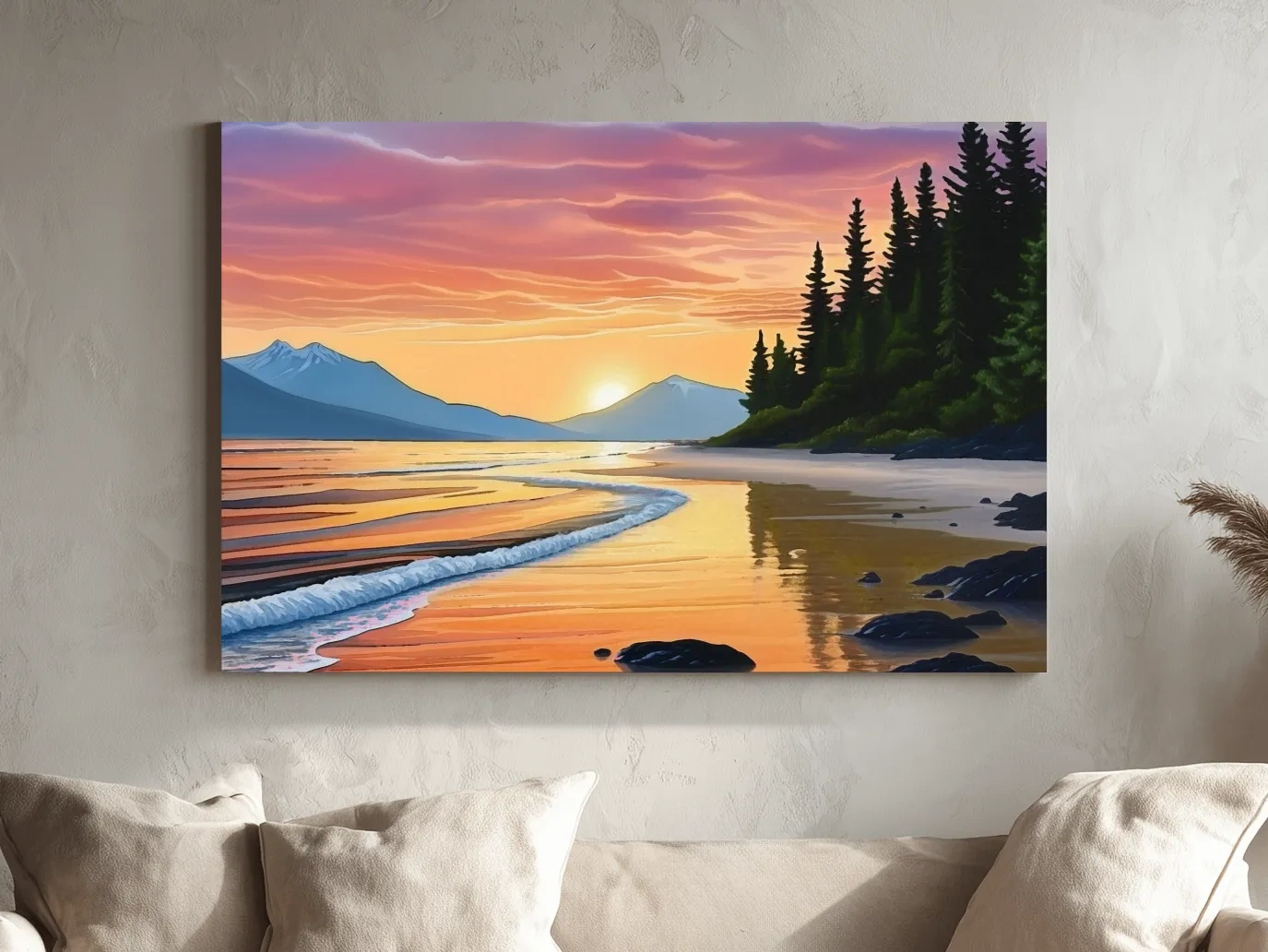 Pacific Northwest Coastal Sunset Beach Painting - Vibrant Pine Wall Art
