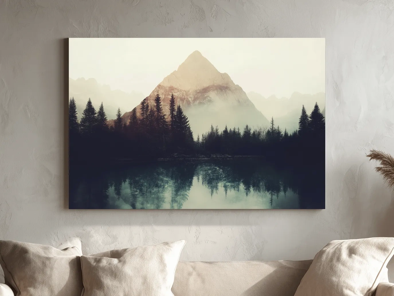 Misty Pine Forest Silhouette Lake Reflection - Moody Mountain Wall Art