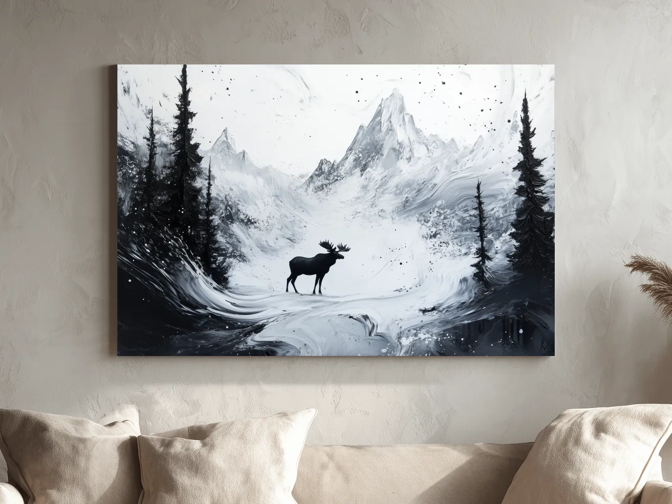 Moody Monochrome Moose Alpine Meadows - Abstract Ink Wash Wildlife Wall Art