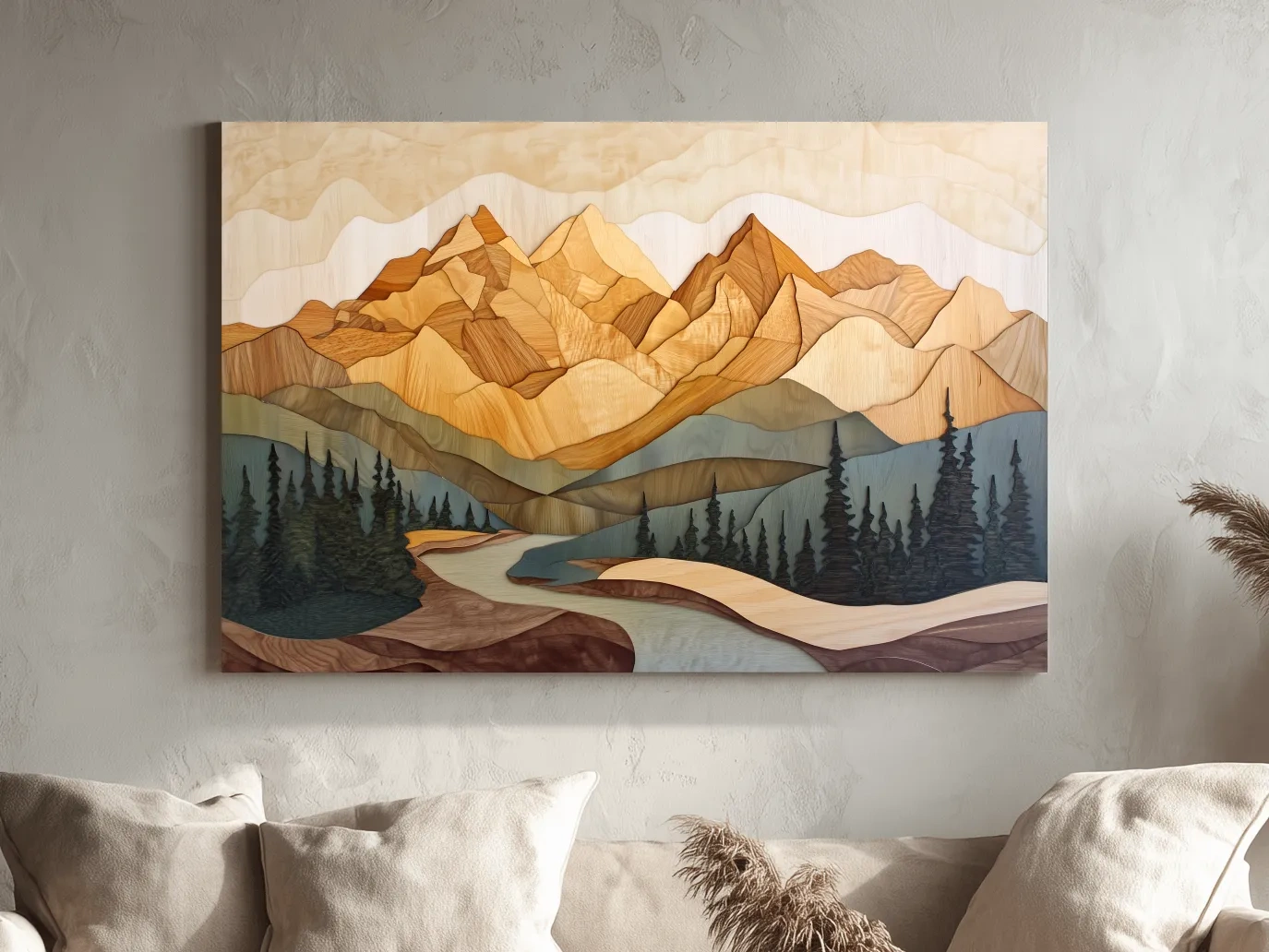 Wood Intarsia Mountain Landscape - Warm Earth Tone Alpine Forest Wall Art