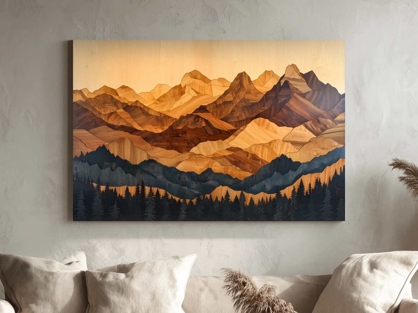 Layered Woodcut Intarsia Mountain Range Landscape - Peaks And Pine Forest Wall Art