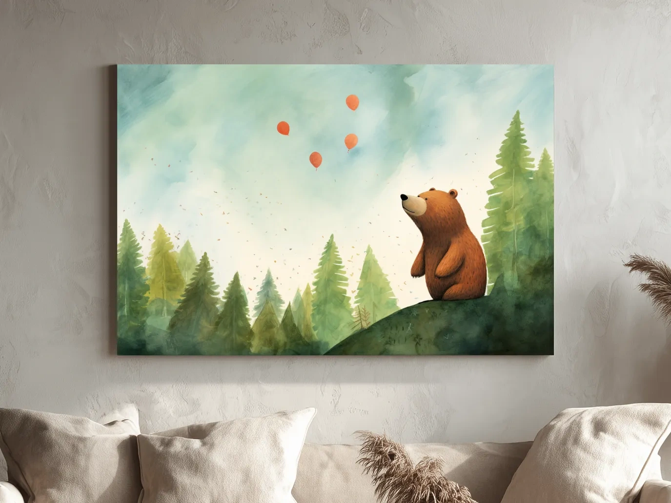 Whimsical Watercolor Bear Watching Balloons - Cute Nursery Forest Wall Art