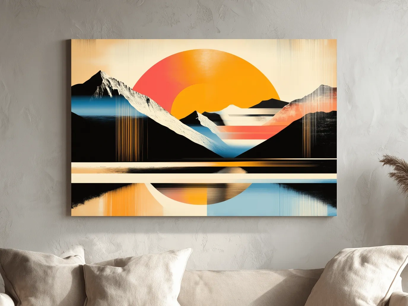 Retro Abstract Alpine Lake Sunset Artwork - Geometric Landscape Wall Art