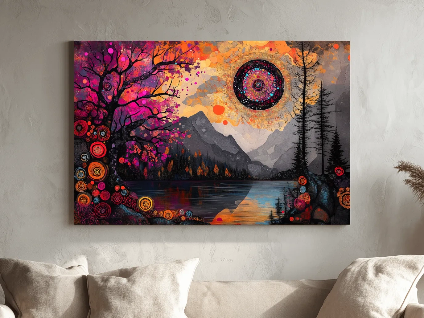 Psychedelic Mountain Lake Sunset Mandala - Vibrant Surreal Landscape Wall Art