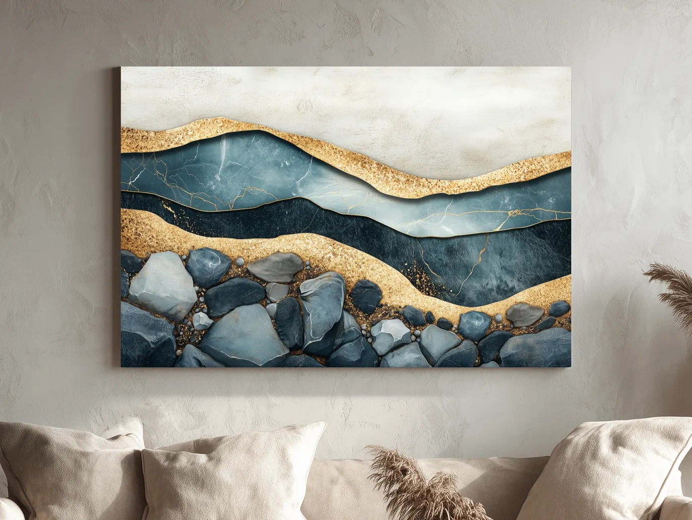 Luxury Teal Gold Marble Geode Layers - Modern River Rock Wall Art