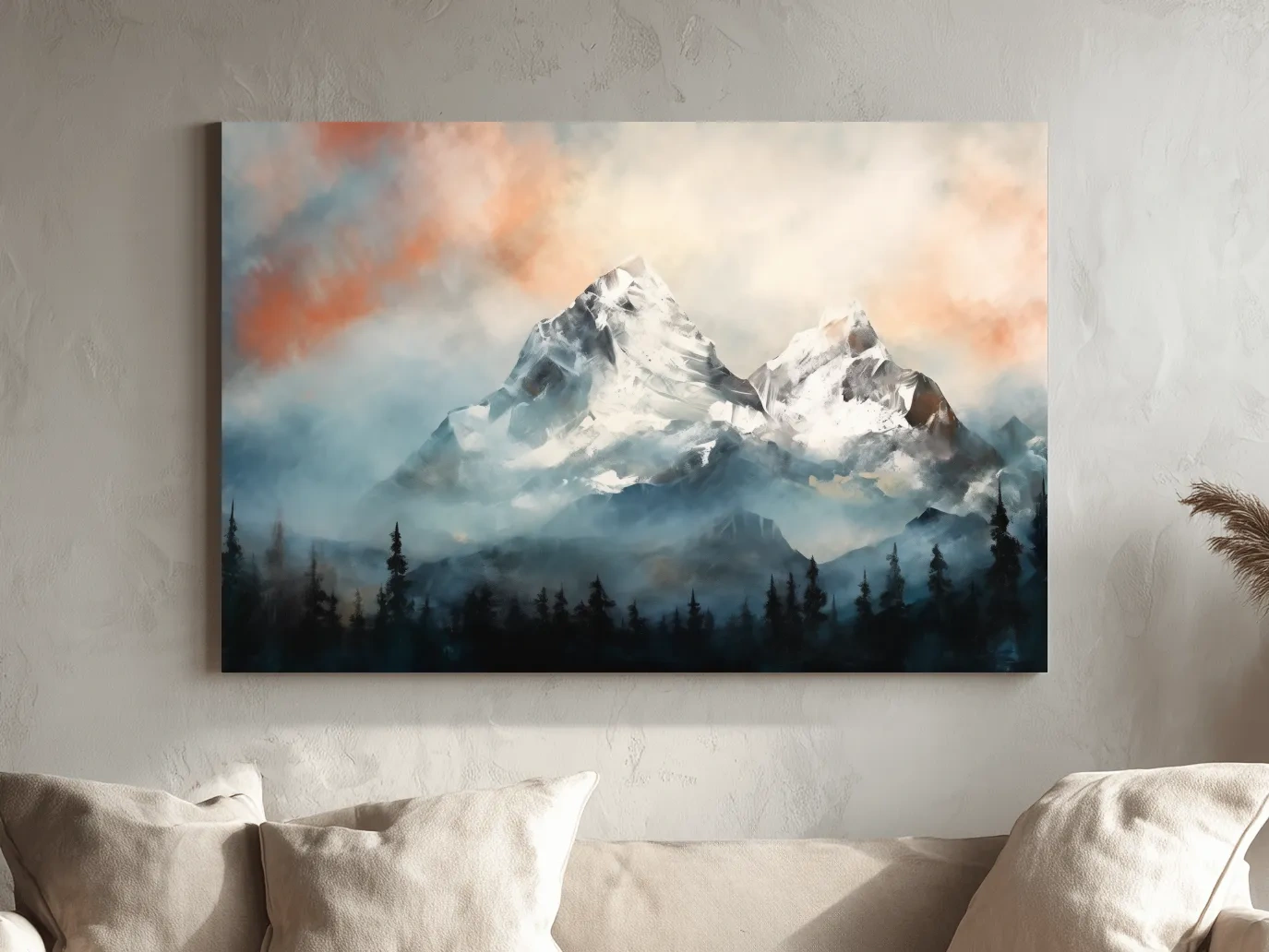 Misty Snowcapped Mountain Peaks Painting - Alpine Sunset Wall Art