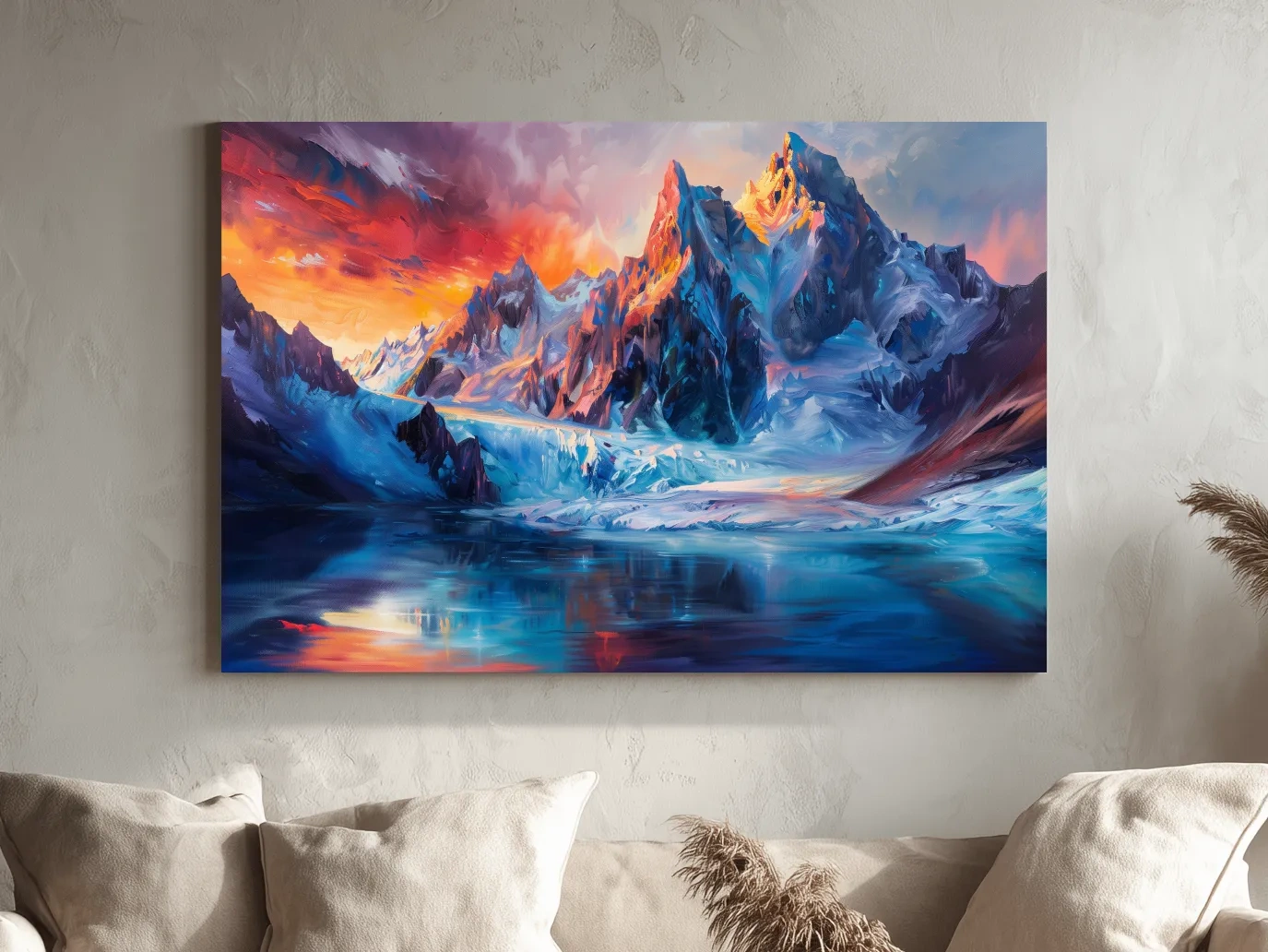 Vibrant Glacial Sunset Impressionism Painting - Dramatic Alpine Mountain Wall Art