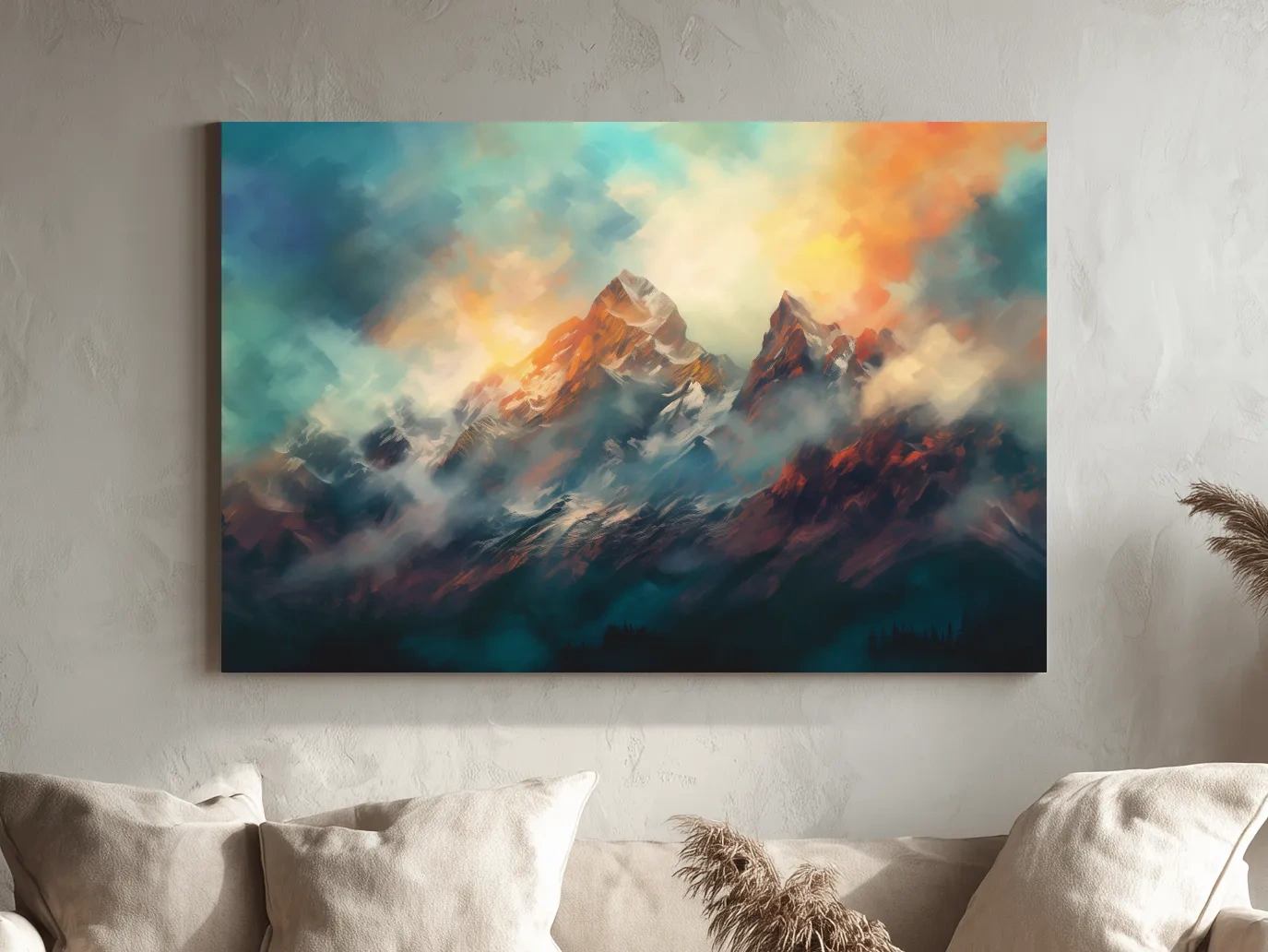Abstract Sunrise Mountain Peaks Painting - Colorful Alpine Landscape Wall Art