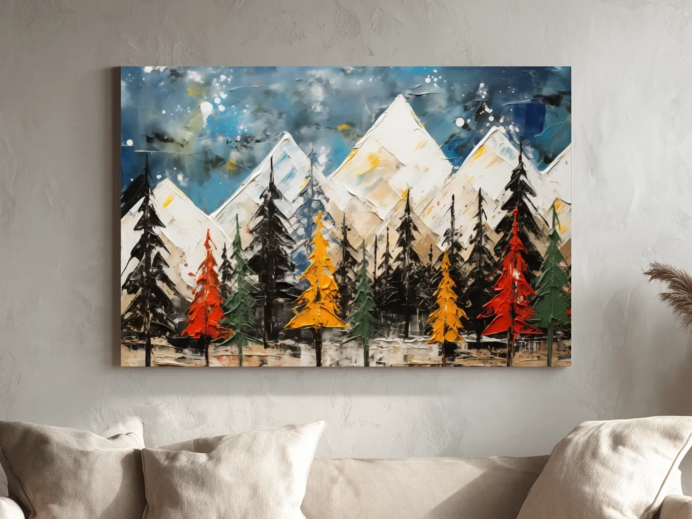 Textured Abstract Oil Painting Style Mountain Forest - Colorful Autumn Pines Landscape Wall Art