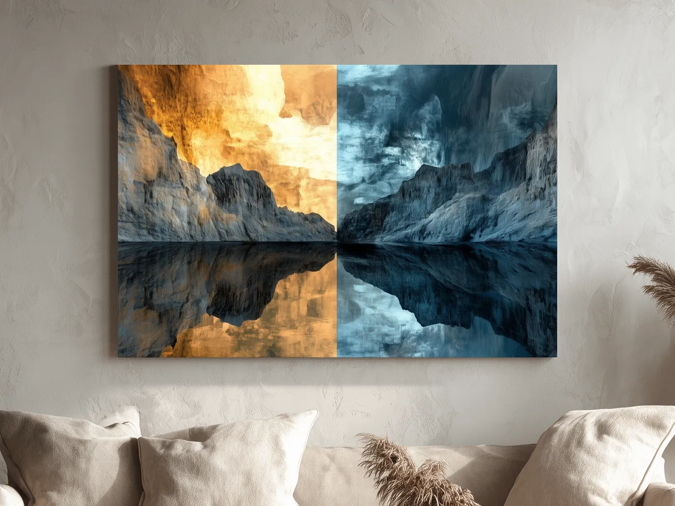 Split Tone Mountain Lake Reflection - Fiery Sunset Cool Twilight