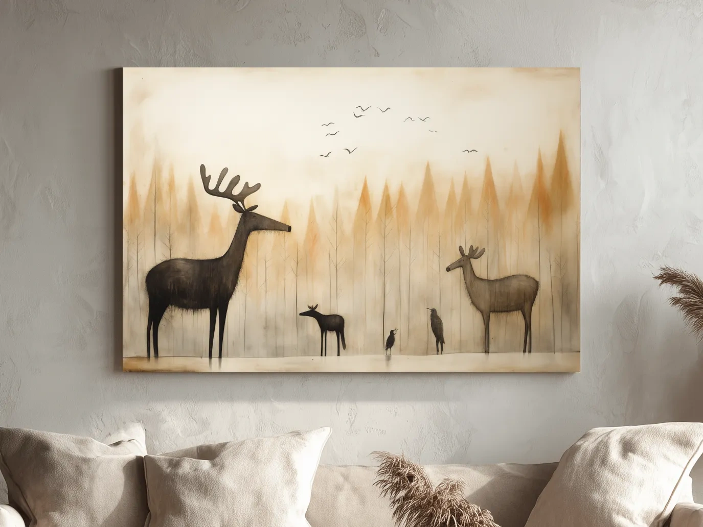 Minimalist Woodland Deer Family Illustration - Scandinavian Nursery Forest Wall Art