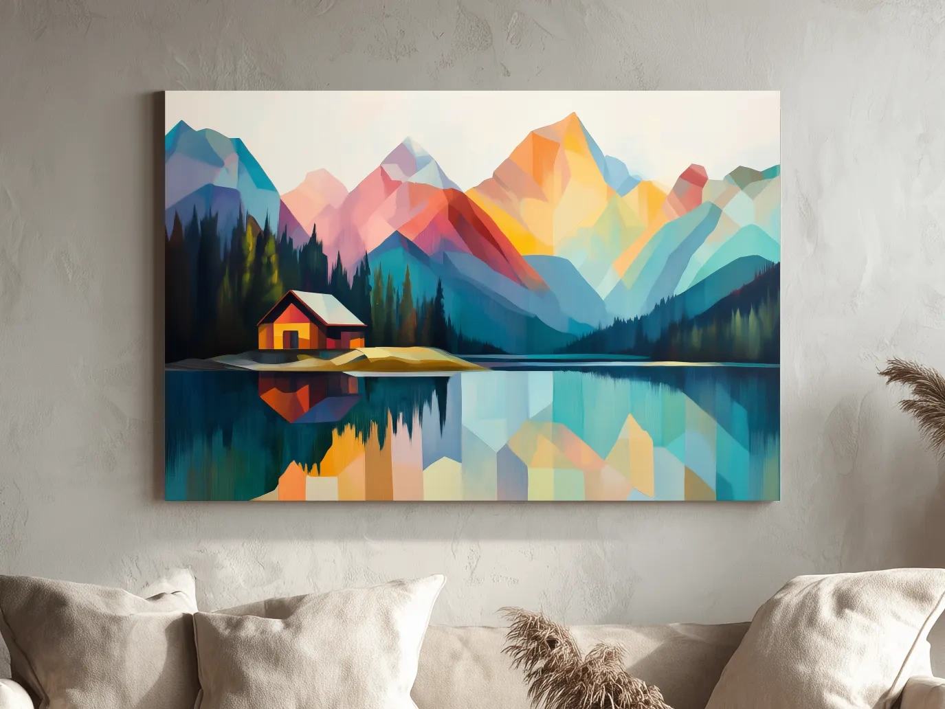 Vibrant Geometric Mountain Lake Cabin - Modern Abstract Landscape Wall Art