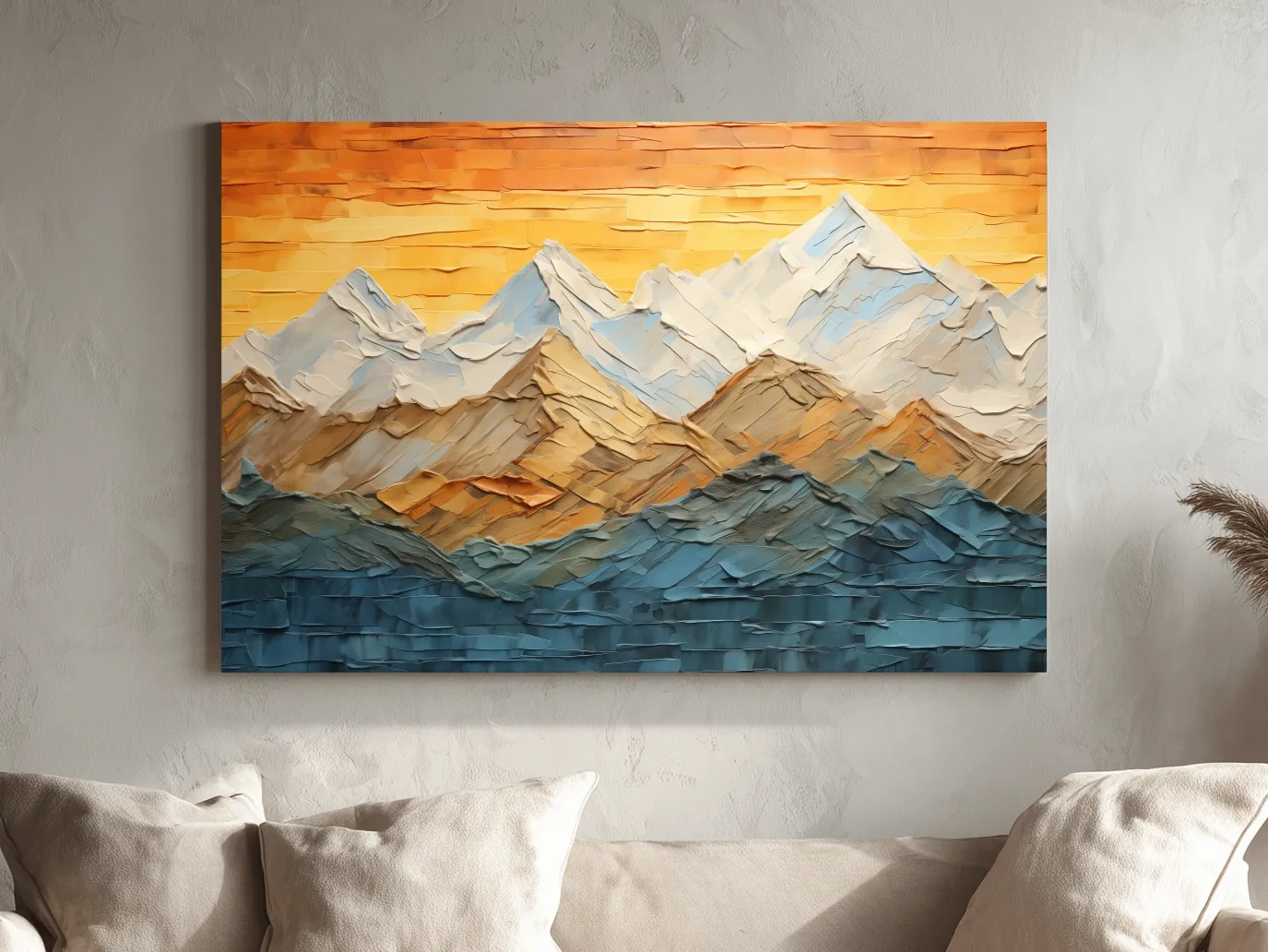 Impasto Style Mountain Range Sunset - Pallet Knife Painting Effect Wall Art